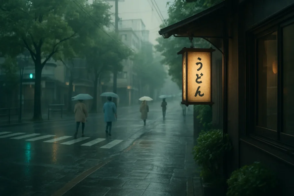 霧雨の朝の街角で揺れる看板と行き交う人々の様子