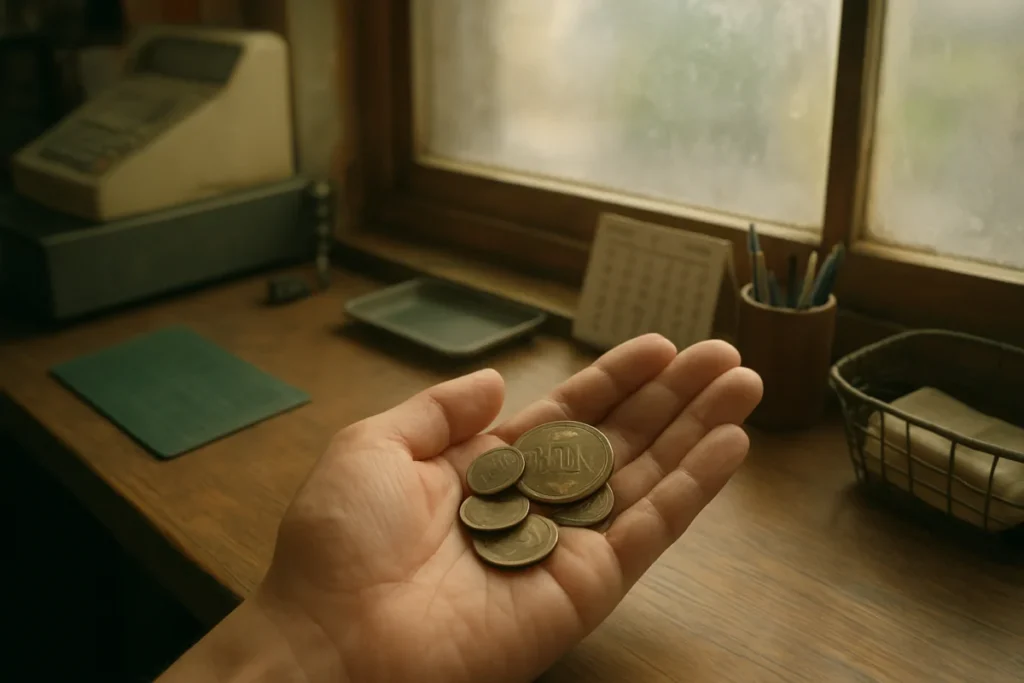 カウンターで手に残る硬貨と紙幣、少し曇った窓の外が見えるゆったりした店内