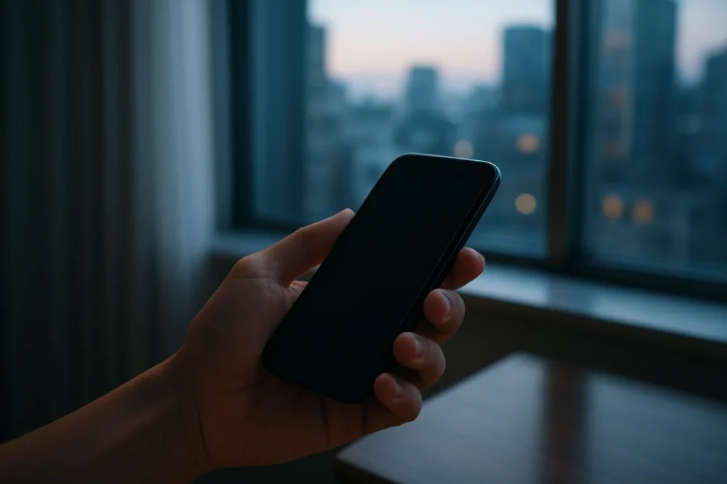夕暮れ時の部屋でスマートフォンを手にする手元のアップ