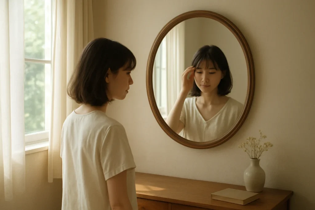 やわらかな光が当たる室内で鏡の前に立つ女性の後ろ姿