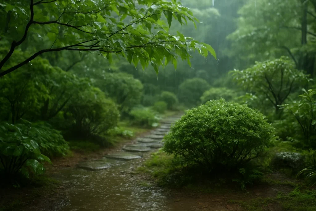 雨が降る日本の庭園の静かな風景、濡れた葉としずく