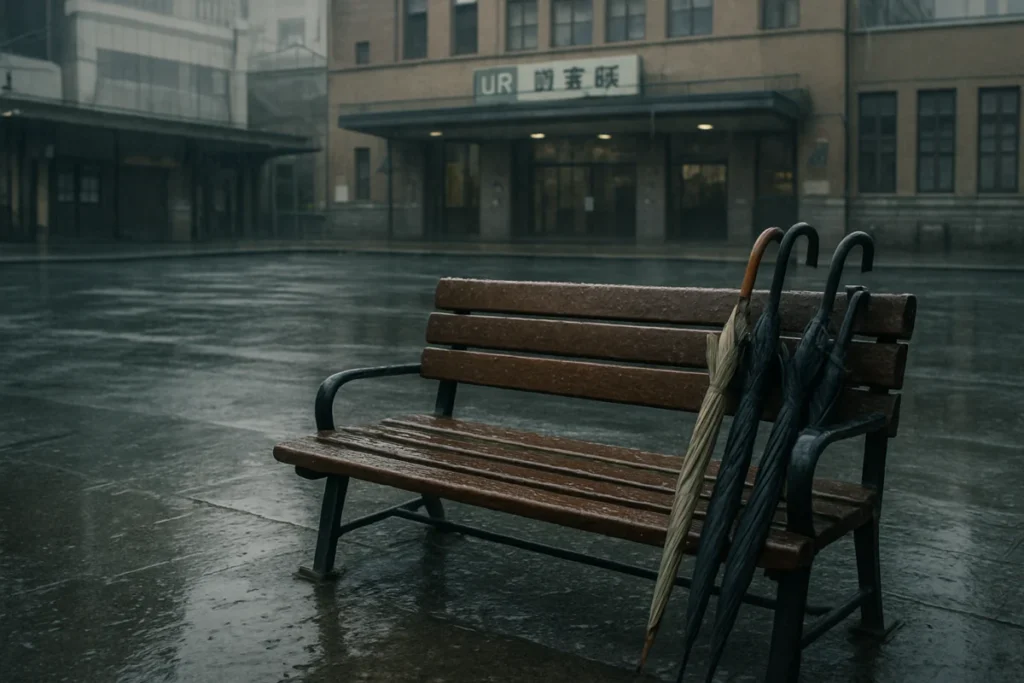 雨の朝に駅前のベンチと濡れた地面の風景