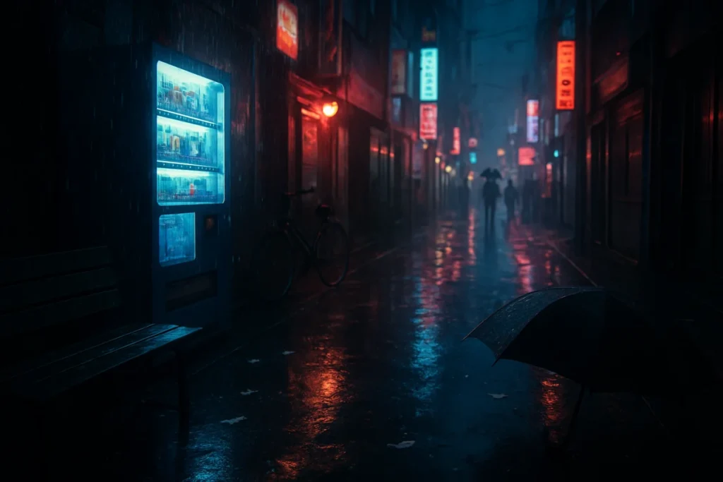 雨の夜の東京の路地で、濡れた地面と傘が映る静かな風景