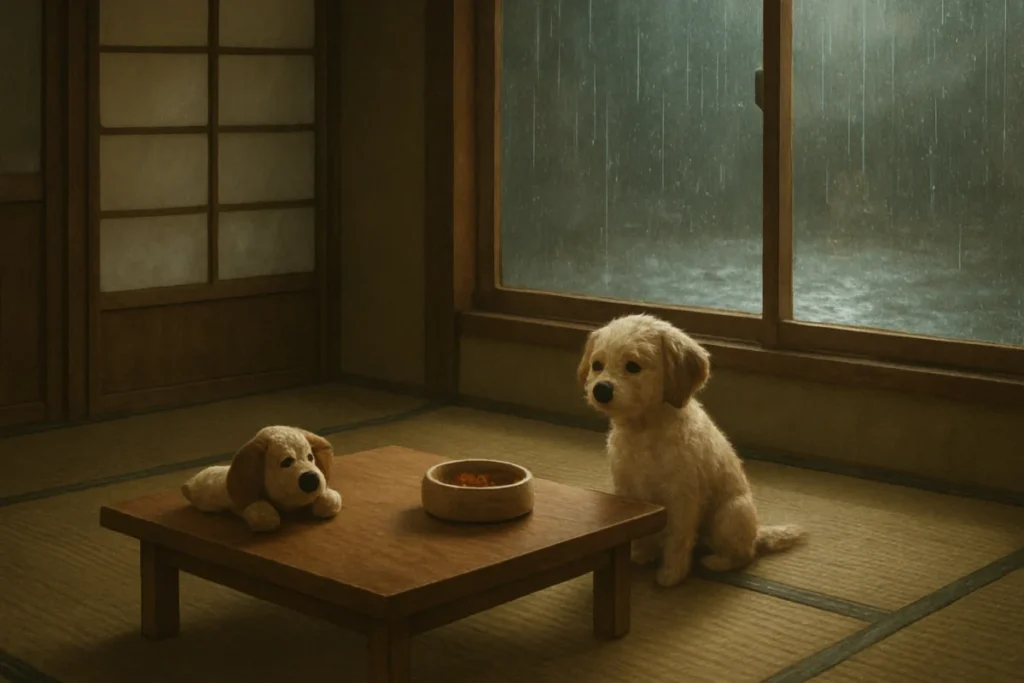 雨の朝、テーブルのそばにぬいぐるみを並べる犬の後ろ姿