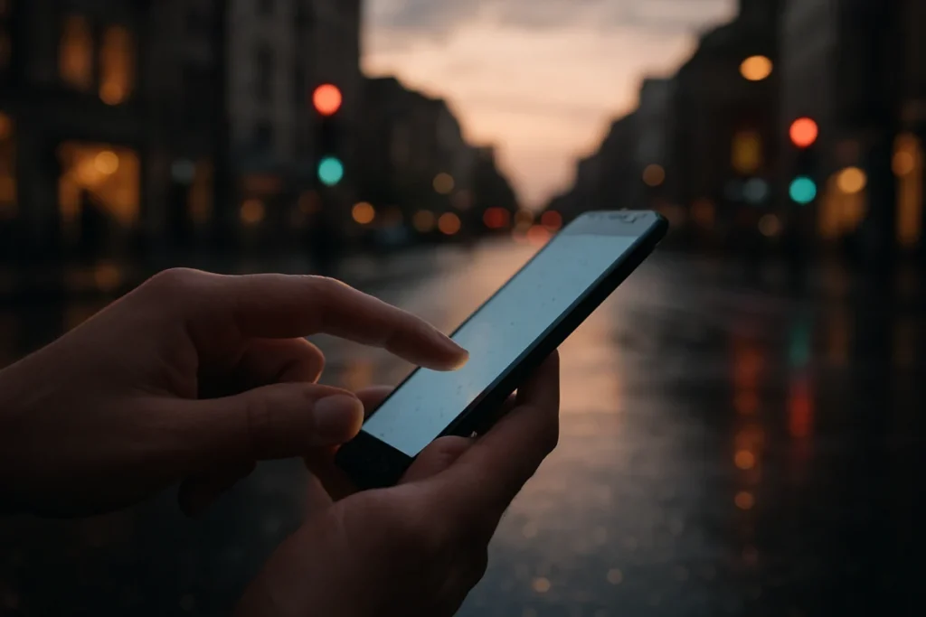 夕暮れの街角でスマートフォンを操作する手元のクローズアップ