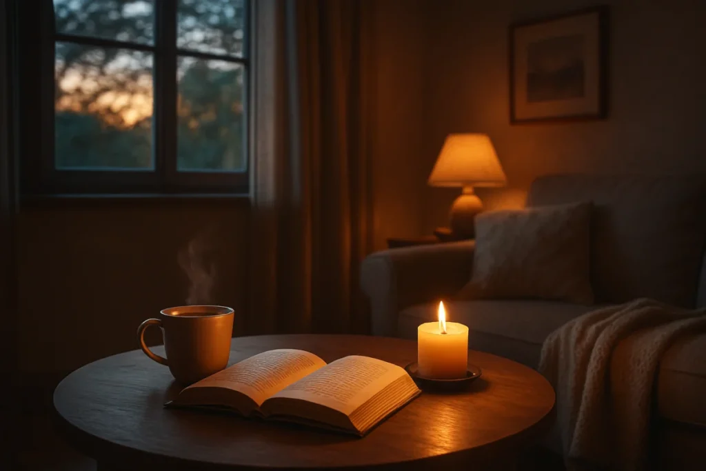 A cozy interior scene during dusk, with soft lighting in a living room and subtle signs of evening routine.