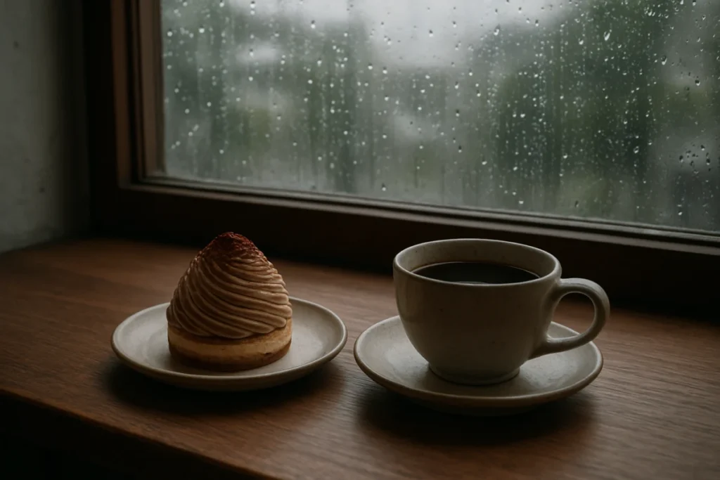 雨の音が聞こえる窓辺に置かれたティラミスモンブランのケーキとコーヒーカップ