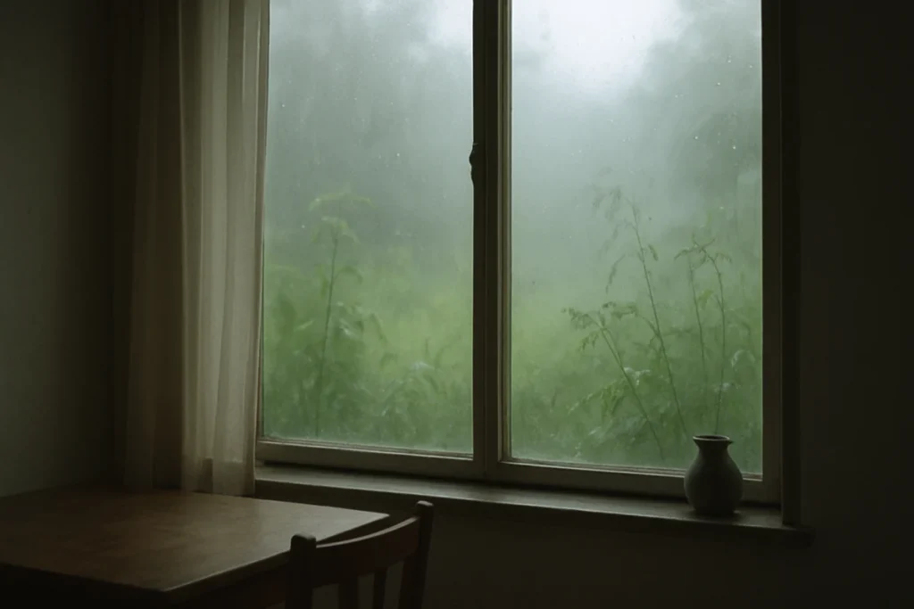雨の朝に窓の外の植物が静かに揺れている様子