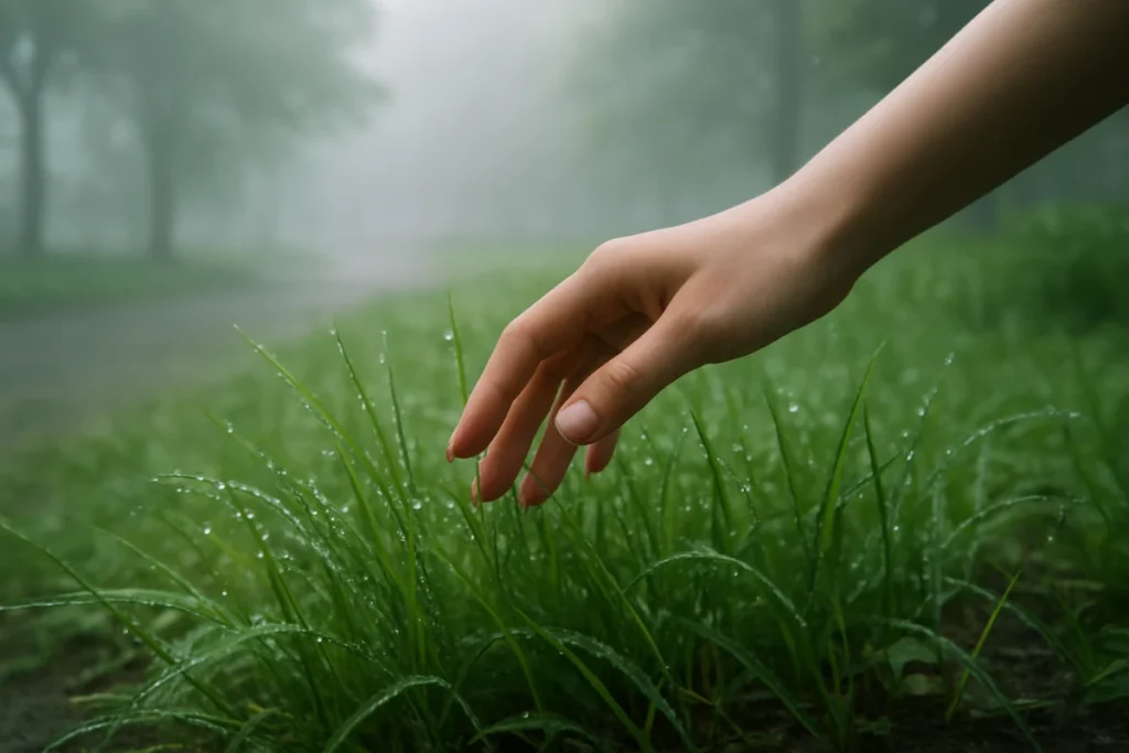 朝もやの中、湿った草むらに手を触れている様子