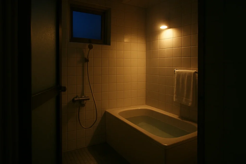 夜の住宅の浴室でひとつの灯りがついている様子