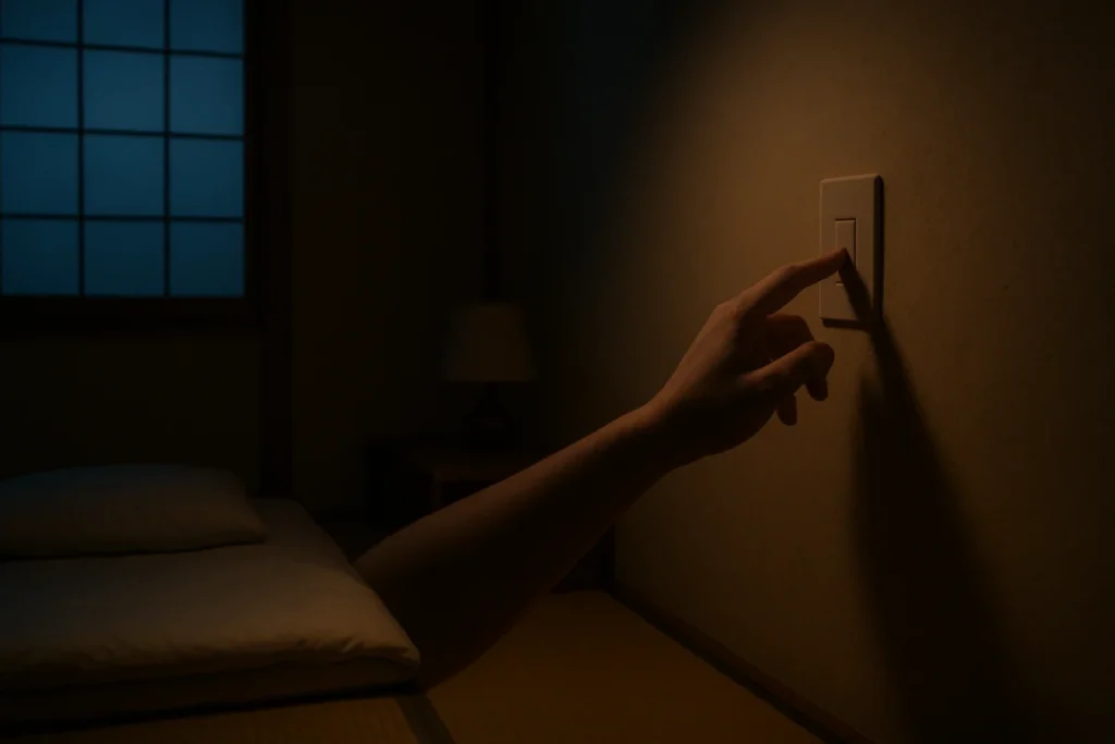 夜の寝室で灯りをつける手元のシーン