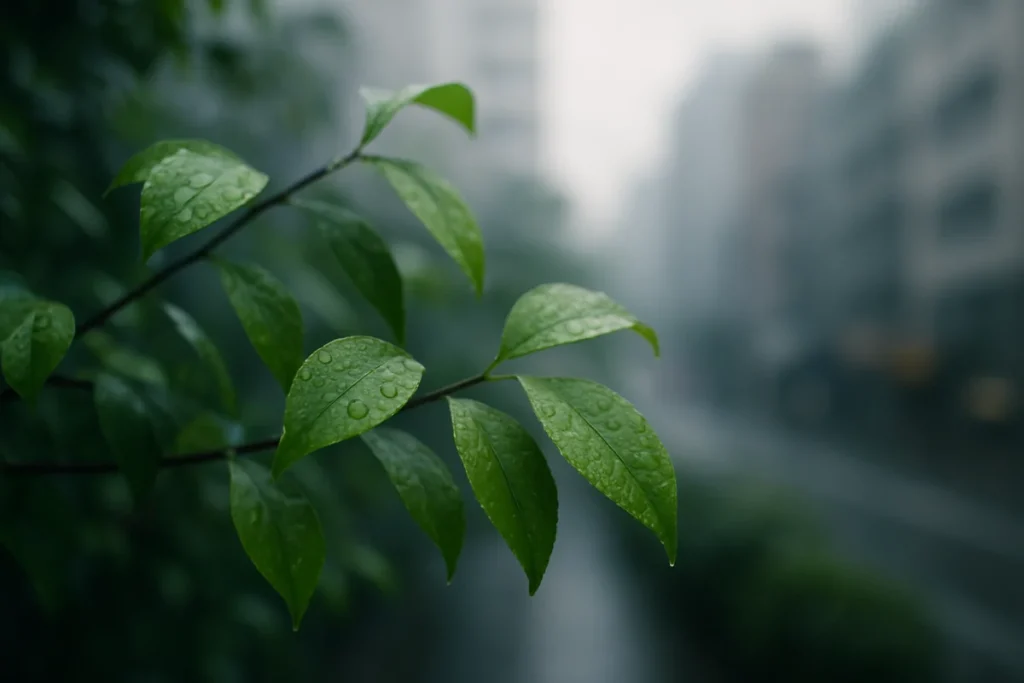 梅雨の午後、小さな緑の葉が風に揺れる様子