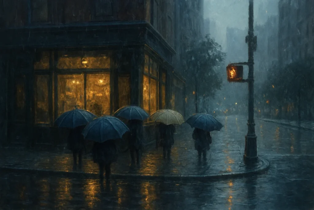 傘が並ぶ雨上がりの街角、夕暮れ時の都市風景