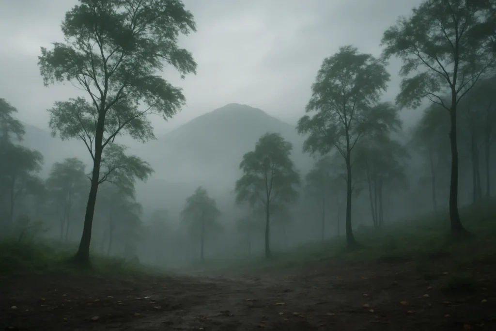 霧がかかった山の木々と風に揺れる葉っぱの朝の風景