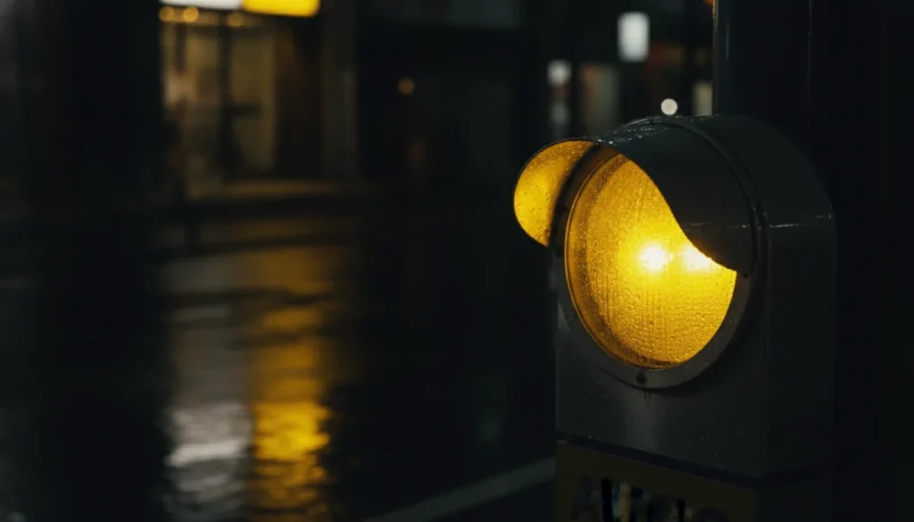 夜の街角で光る黄色い点滅標識