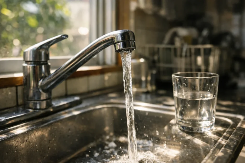 キッチンの蛇口から水が流れる様子