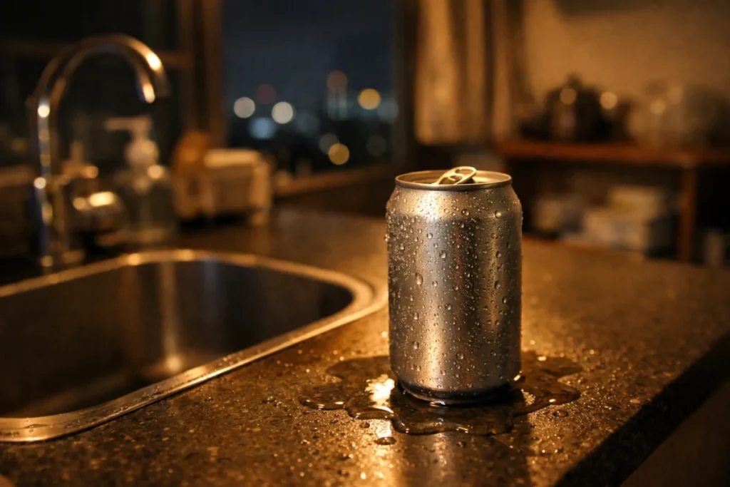 夜の台所のシンク脇に置かれた空の缶ビール