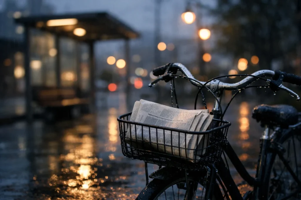 小雨のバス停に停められた一台の自転車、黄昏時の薄暗い光景