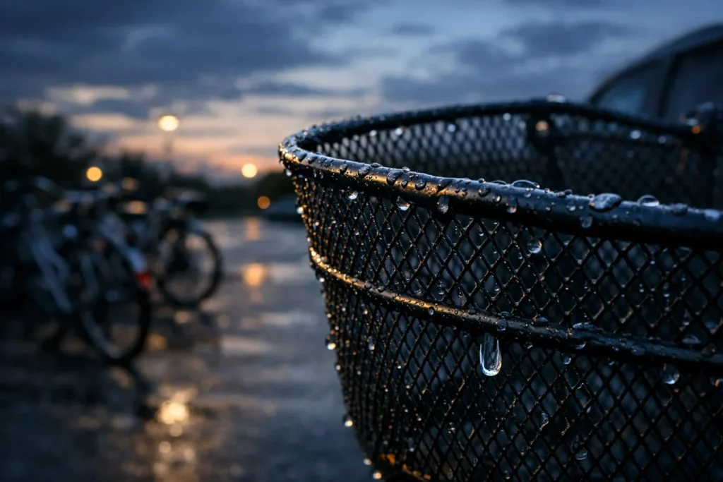 駐輪場の自転車の前かごに水滴がついている夕方の様子