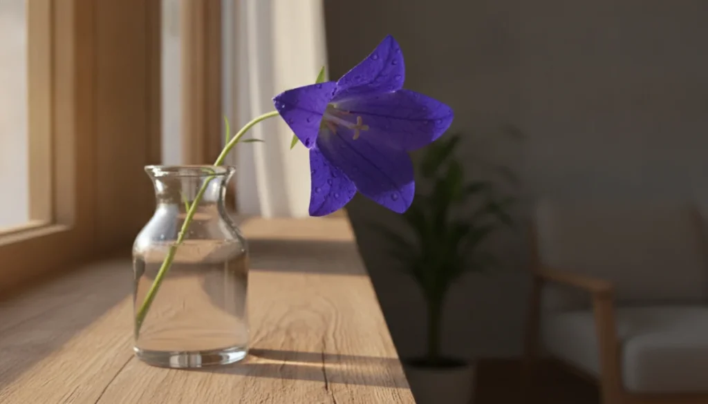窓辺の青い桔梗の花と朝の光