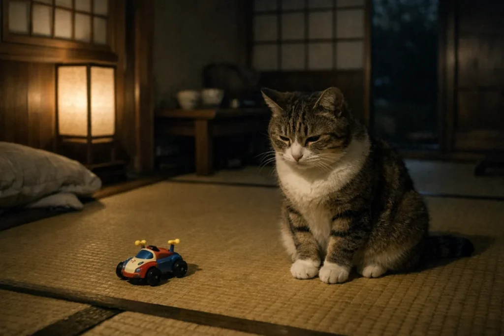 猫が動かなくなったおもちゃのそばでじっとしている夜のシーン