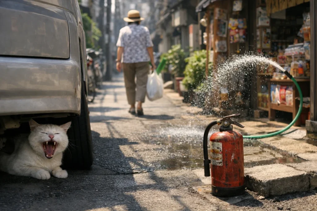 真夏の昼前の路地、駐車場で車の下から顔を出した白い猫があくびをしている。背景には錆びた消火器と水を撒く駄菓子屋の店主、買い物袋を提げたおばあさんがいる。
