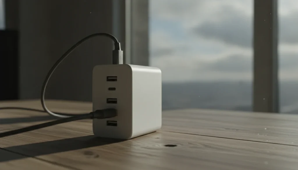 白いUGREEN充電器が机の上に置かれ、3つのポートにケーブルが差さっている様子