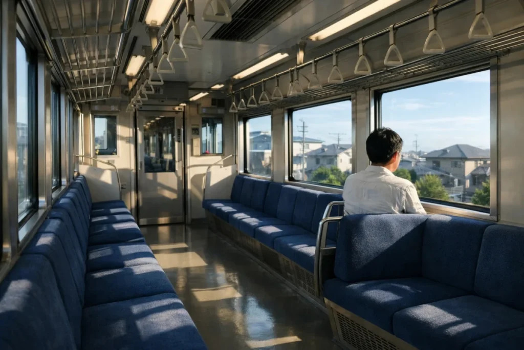 空いた電車の車内と窓からの朝の光