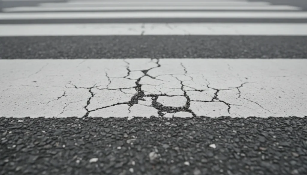 横断歩道の白線のひび割れと塗料の剥がれ