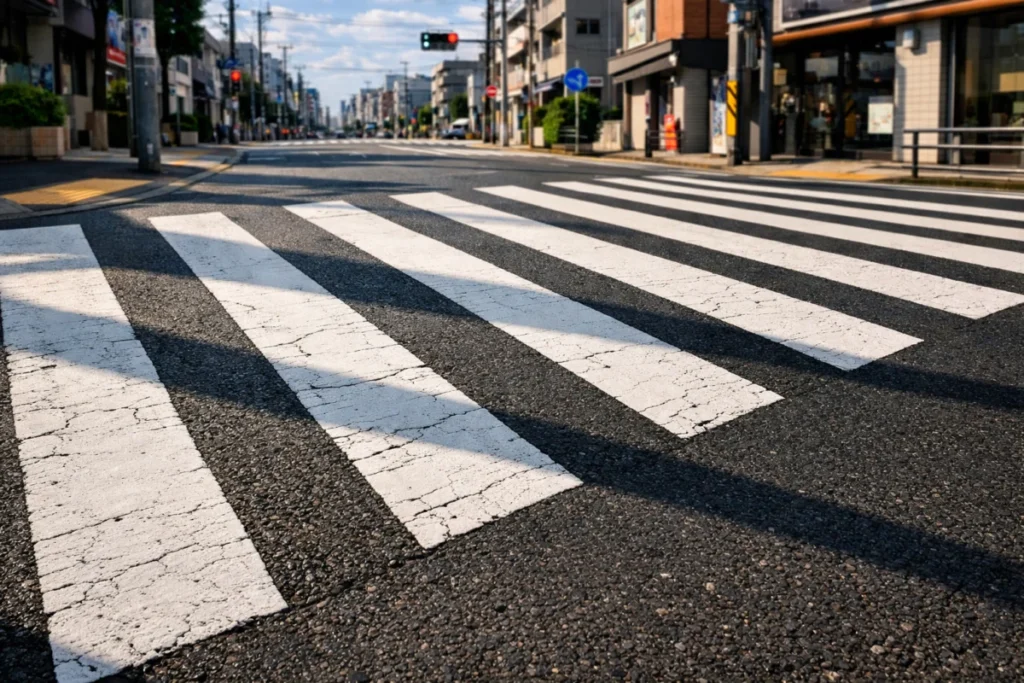 朝の横断歩道の白線と影が落ちている路面