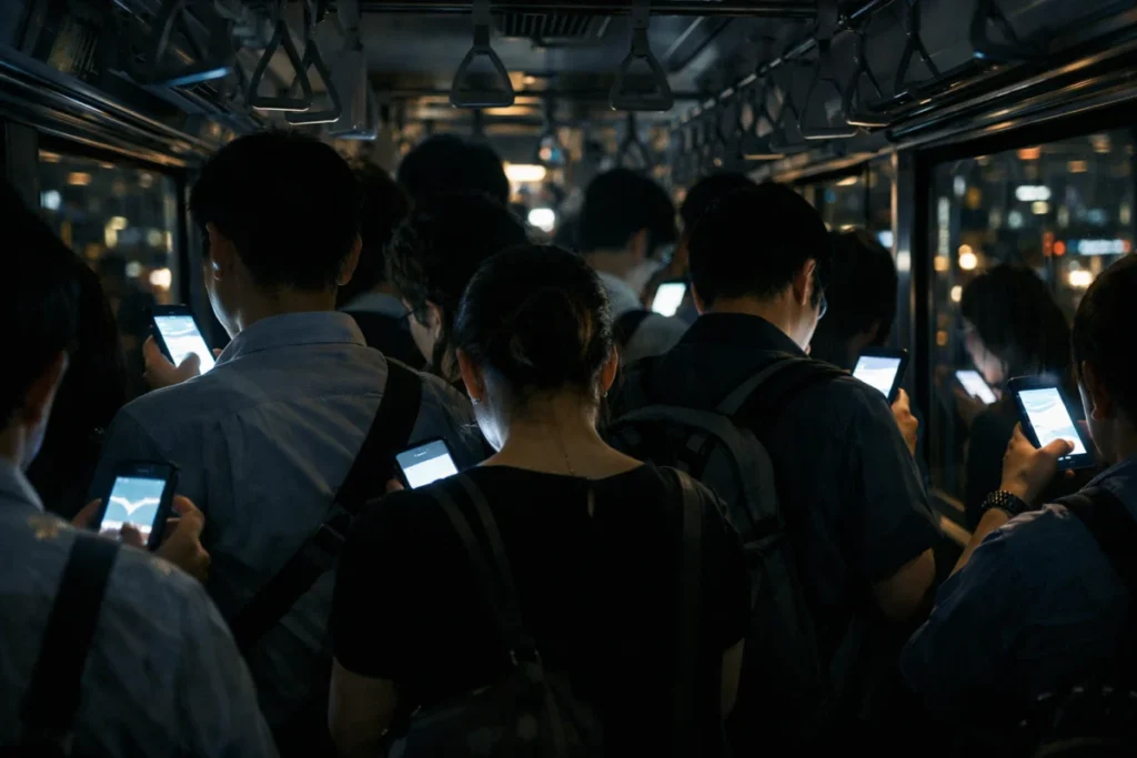 夜の満員電車内、スマホの画面光と乗客の肩