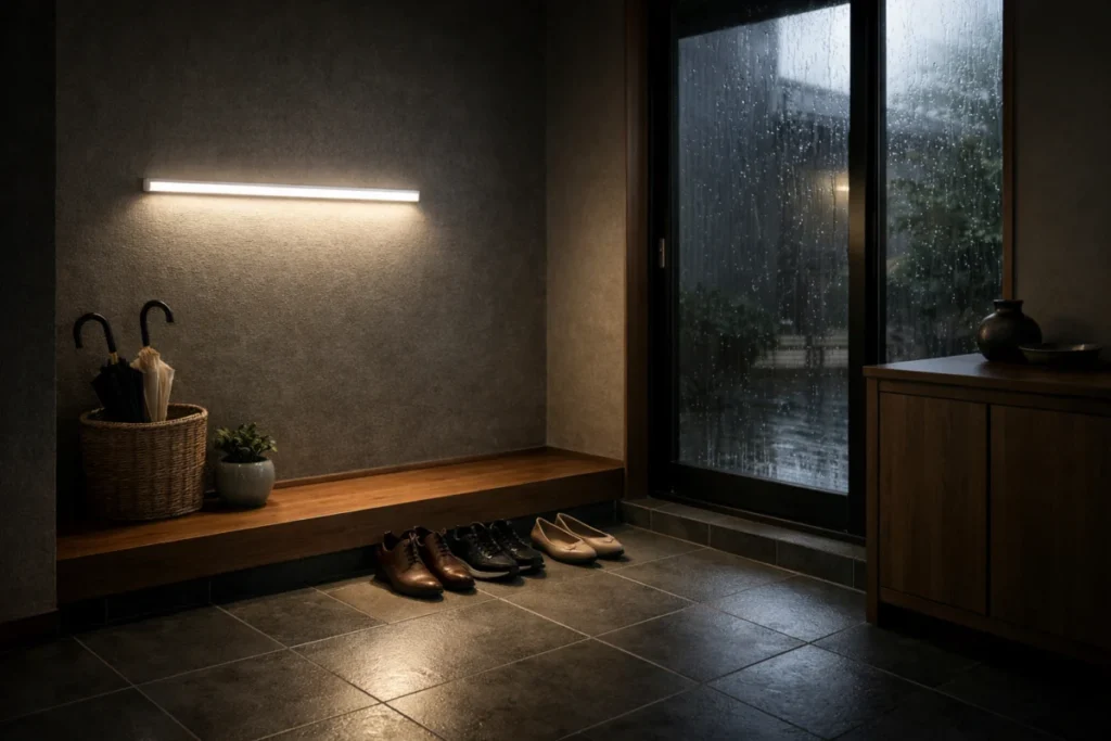 Daiso rechargeable LED bar light attached to wall in a rainy afternoon