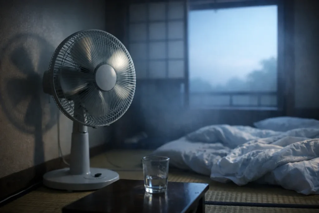 明け方の薄暗い部屋で回る扇風機