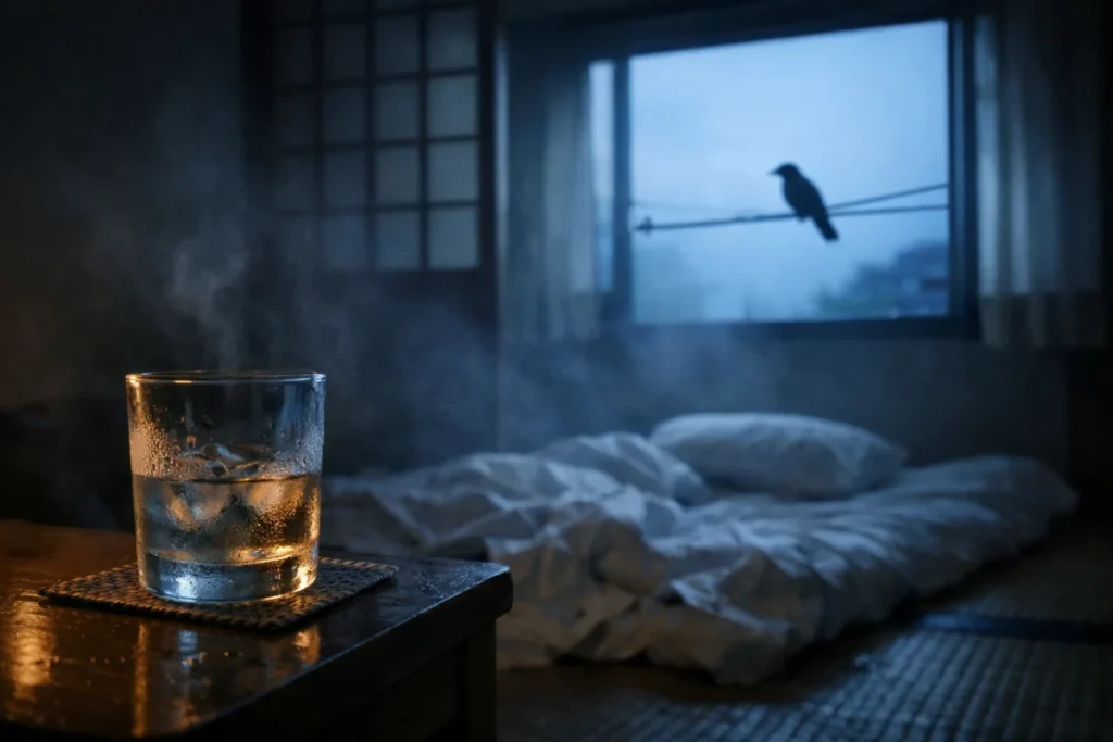 明け方の窓辺と残った酒のグラス