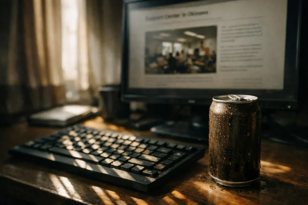 机の上に置かれた結露した缶コーヒーとキーボード、画面にはニュース記事