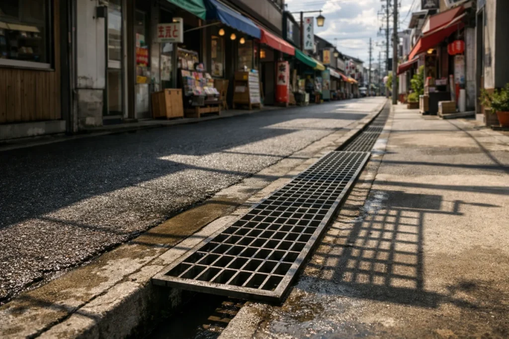 午後の商店街の歩道、排水溝の金網に日差しが影を作る