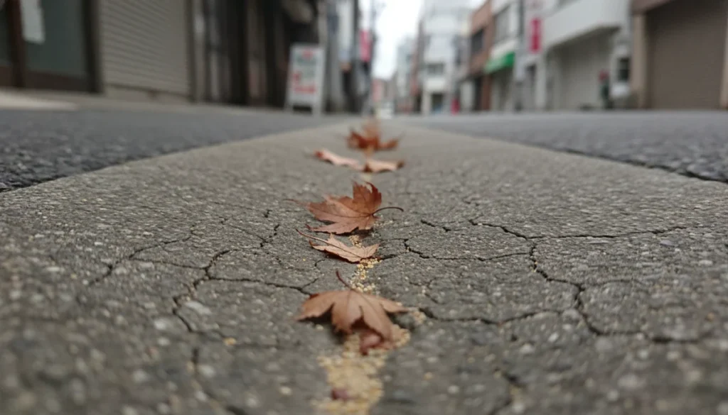 乾いた排水溝の表面に落ちた枯れ葉と砂粒