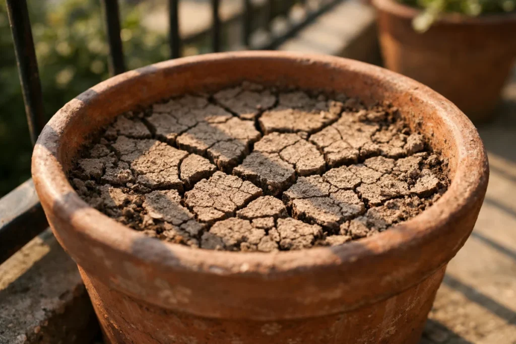 夏の午後、ベランダの鉢植えの乾いた土にひび割れができている