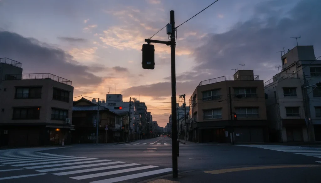 夕暮れの交差点に立つ、まだ灯っていない歩行者信号機と横断歩道の白線
