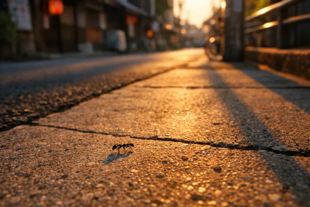 夕方の歩道に落ちた影とアリ