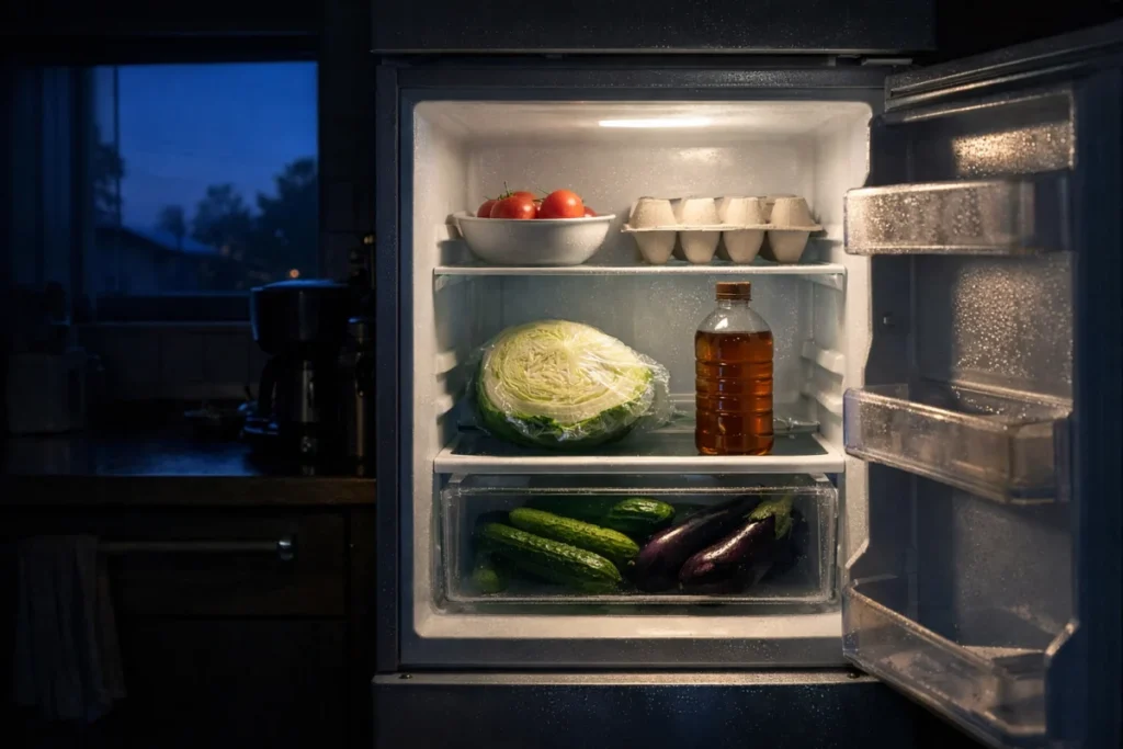A dim kitchen at dusk with an open refrigerator, light illuminating vegetables and drinks inside