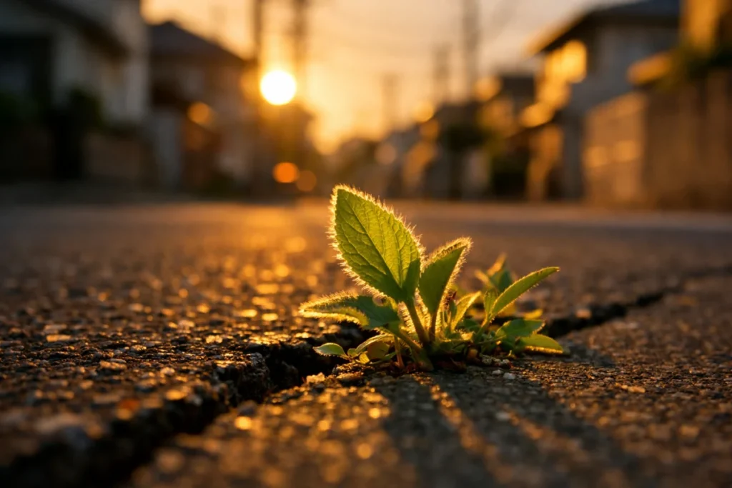 アスファルトの隙間から生えた雑草の葉に夕日が当たっている様子