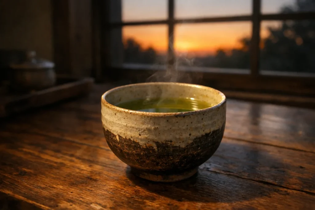 夕暮れの窓辺に置かれた湯気の立つ茶碗