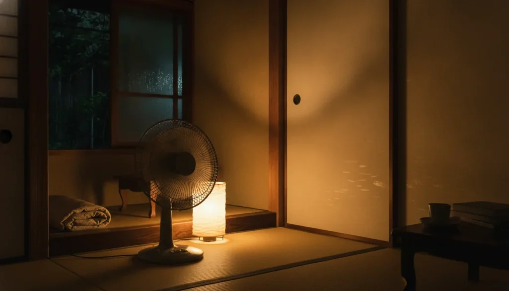夜の部屋で首振りする扇風機のシルエット