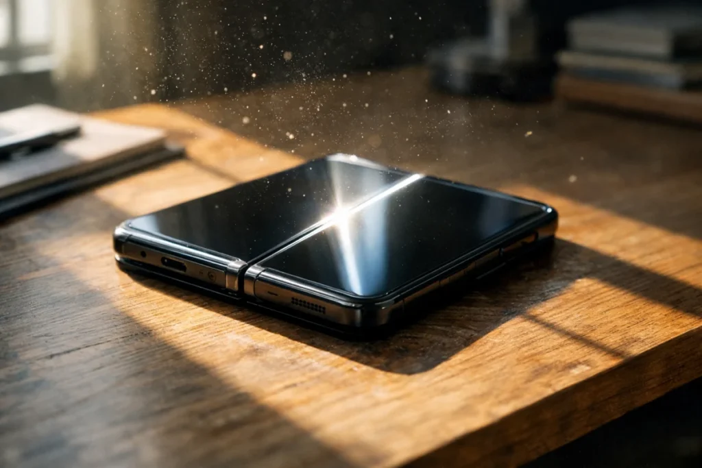 机の上に置かれた折りたたみスマホの画面に陽が当たり、折れ目に沿って影ができる様子
