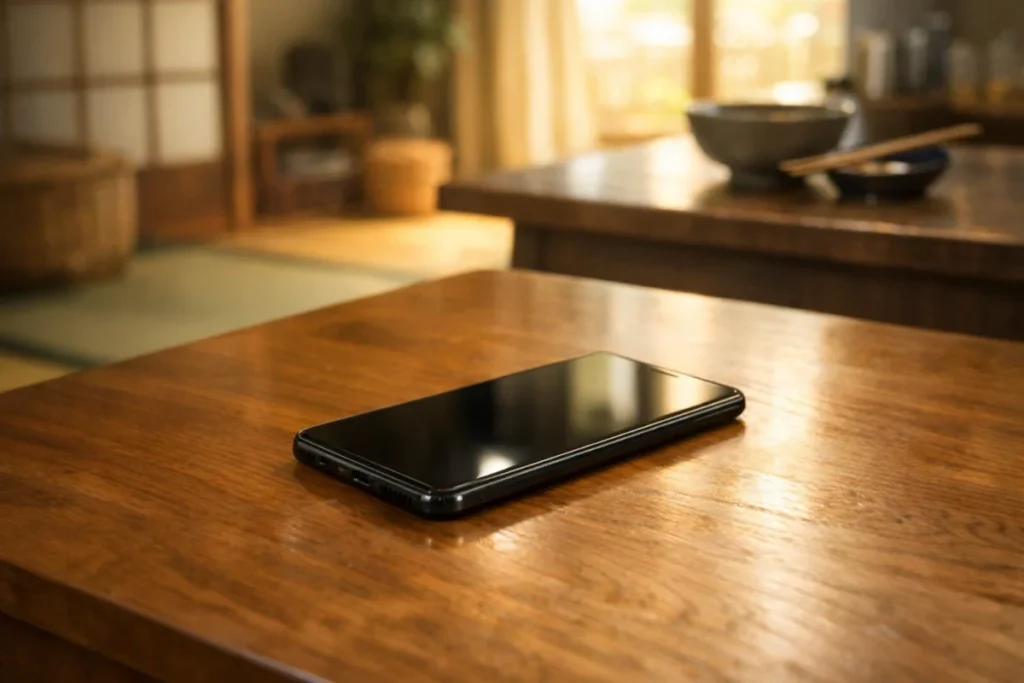 リビングのテーブルに伏せたスマートフォンと、遠くに見えるキッチンの様子。