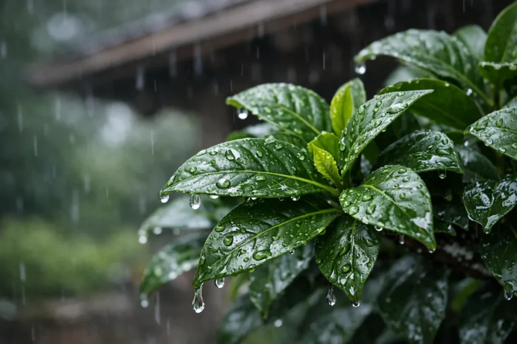 クチナシの葉に雨滴が光る接写
