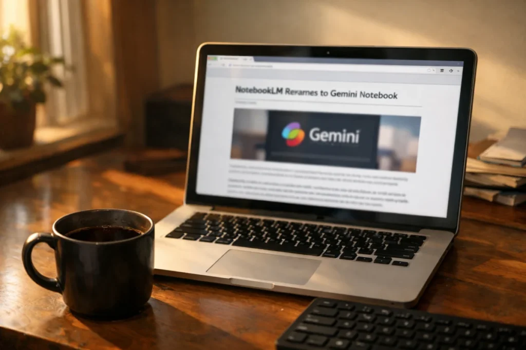 朝の光が差す机の上で、ノートパソコンの画面に「Gemini Notebook」のニュースが映る様子