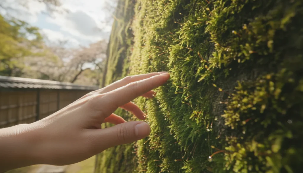 指先で苔に触れている様子
