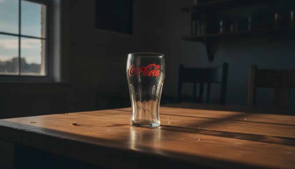 夕暮れの部屋の机に置かれたコカ・コーラグラス